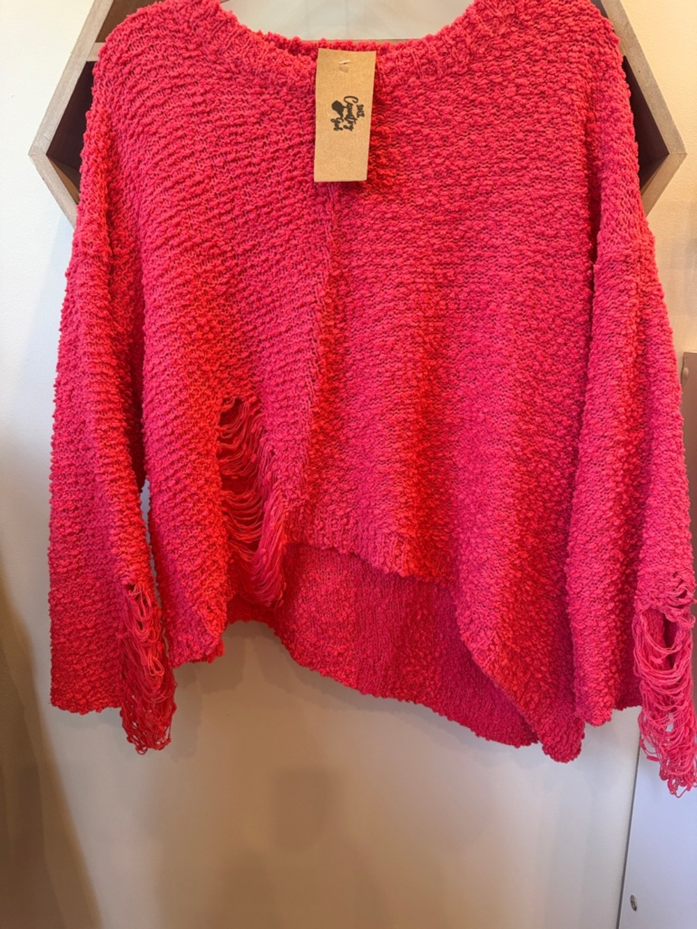 POL Distressed Bright Pink Textured Scoop Neck Sweater